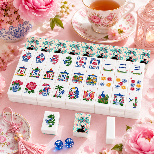 Mahj Meow Tropical Paradise Chinoiserie Mahjong Tiles With Carry Case - Splash Of Mahj And Color Co.