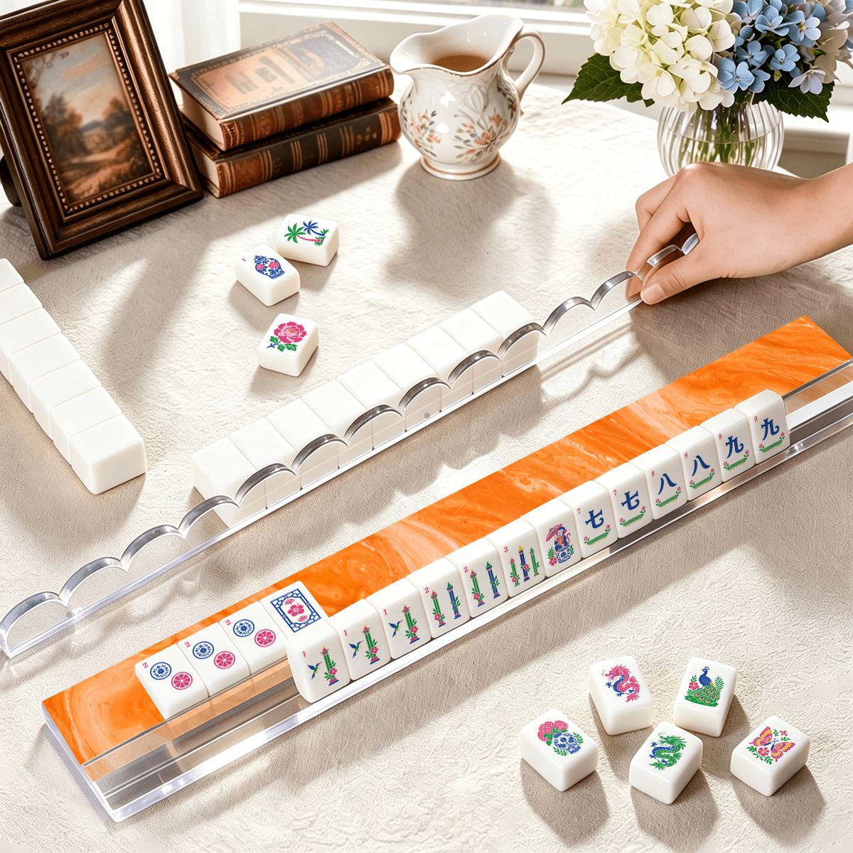 Orange Sherbet Extended Mahjong Rack Set of 4 Scalloped Magnetic Tile Pusher 20' - Splash Of Mahj And Color Co.