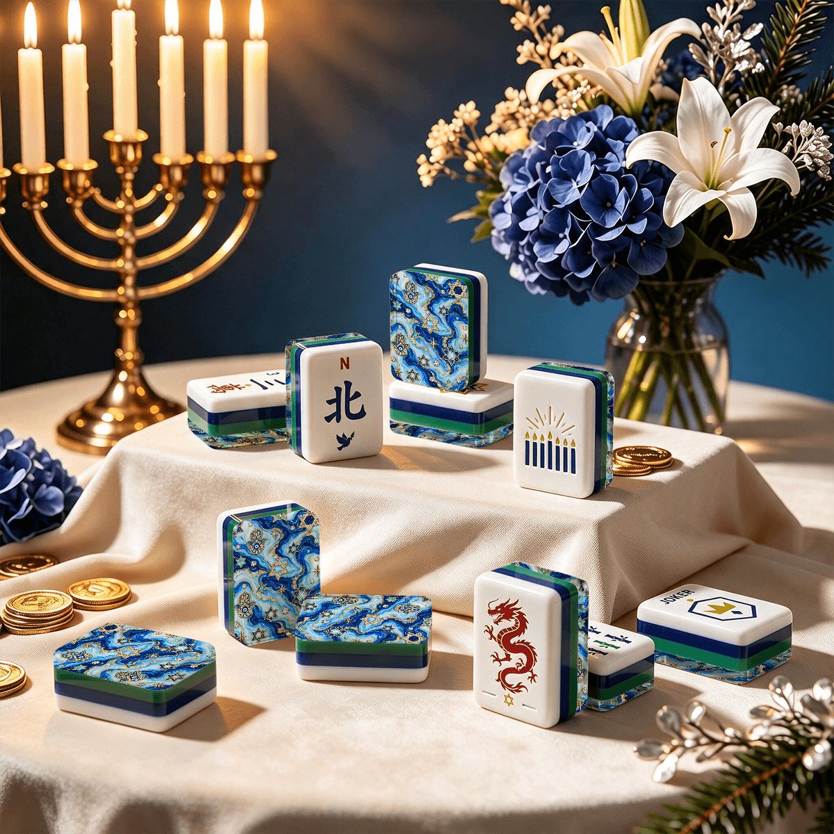 The Gilded Hamsa Heritage Hanukkah Mahjong Tiles And Carry Case