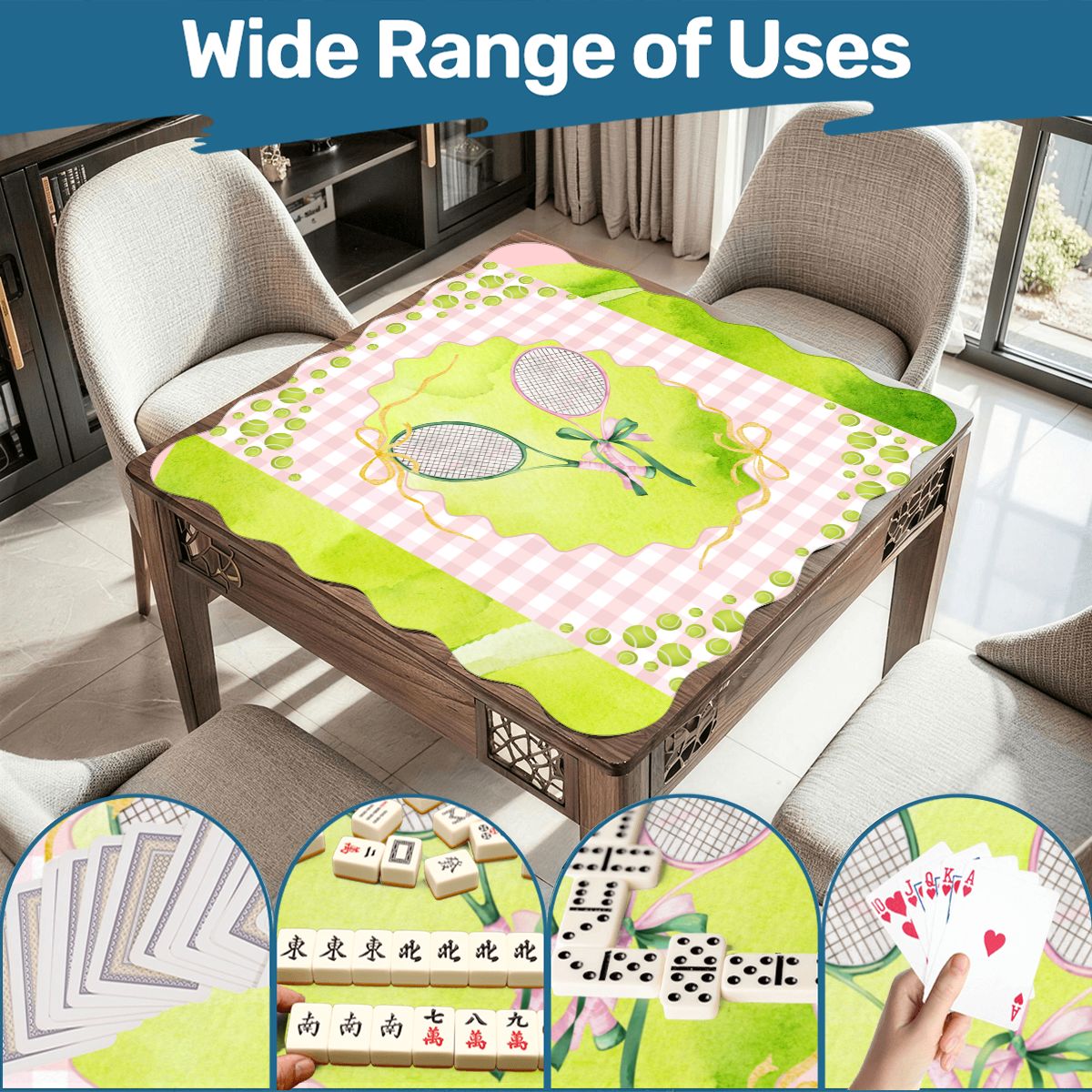 Green And Pink Tennis Themed Scalloped Mahjong Mat - Splash of Color Co.