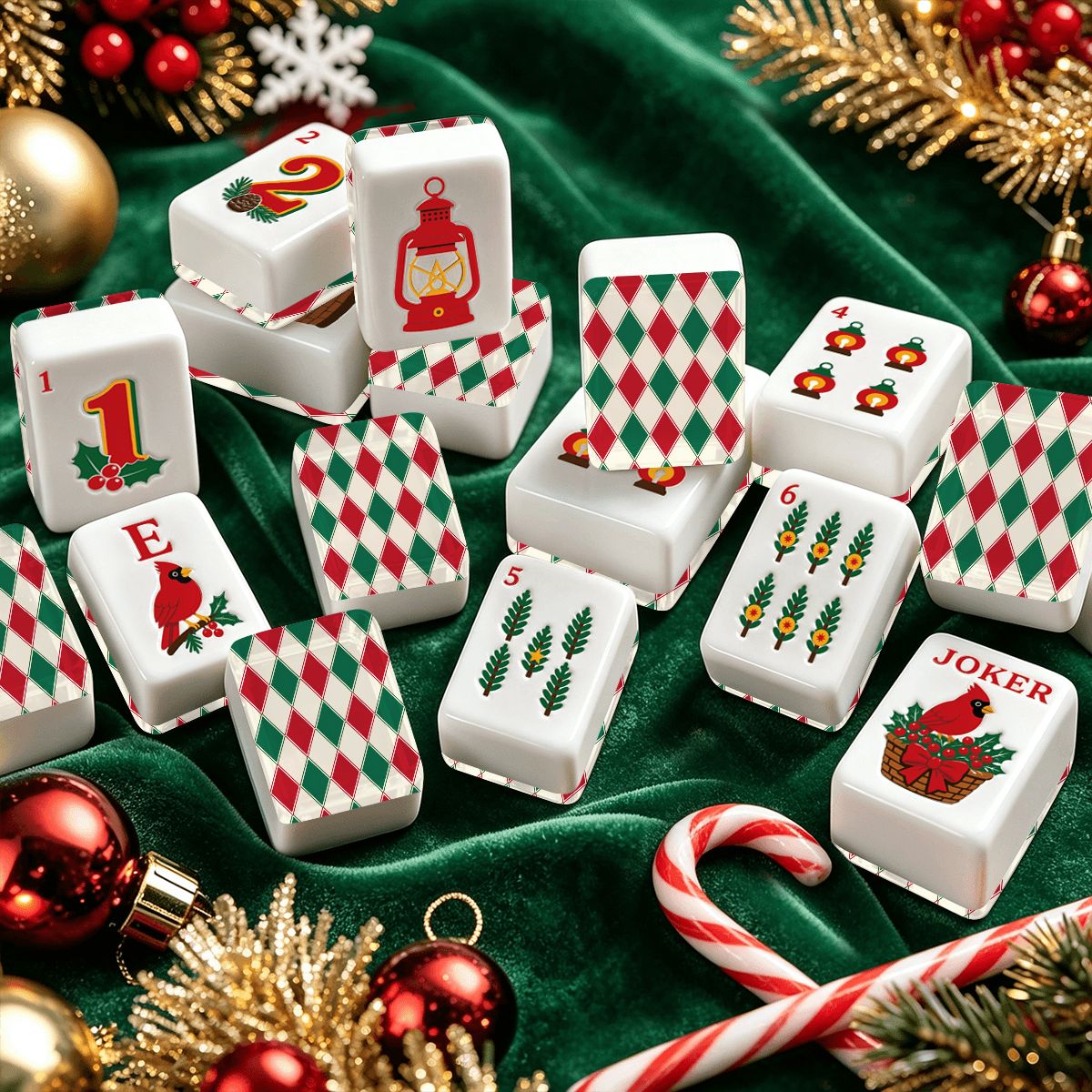 Harlequin Green And Red Christmas Cardinal Mahjong Tiles With Carry Case