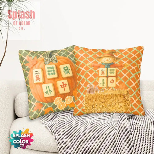 Festive Fall Season Mahjong Pillow Covers, Pumpkin, Scarecrow Mahj Lover - Splash of Color co.