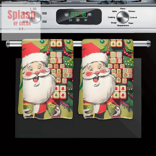 Festive Fun Mahjong Christmas Dishtowels Hostess Gifts Merry Mahj Tree And Vintage Santa