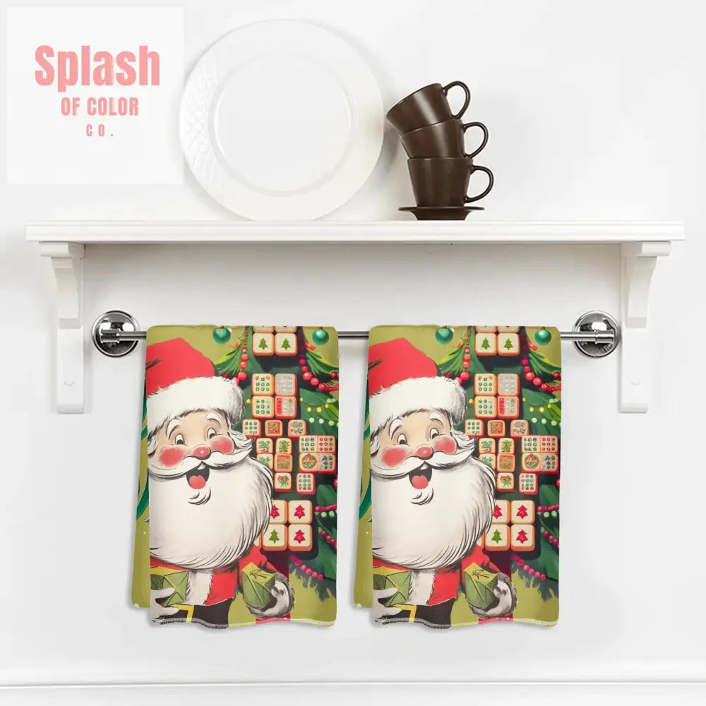 Festive Fun Mahjong Christmas Dishtowels Hostess Gifts Merry Mahj Tree And Vintage Santa