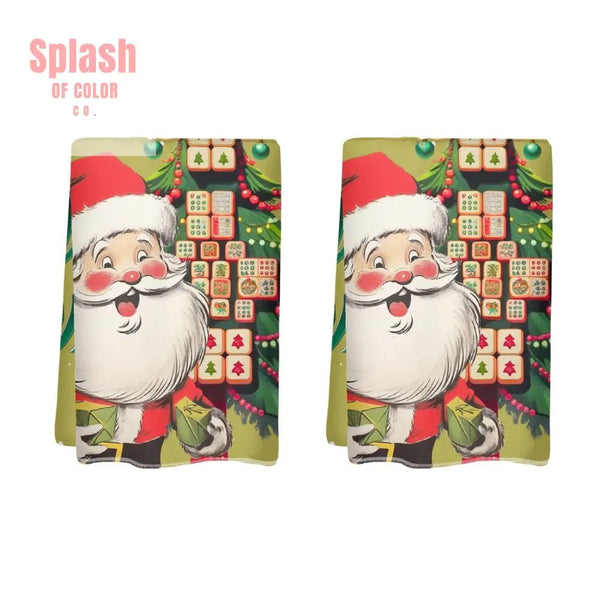 Festive Fun Mahjong Christmas Dishtowels, Hostess Gifts, Merry Mahj Tree And Vintage Santa - Splash of Color co.