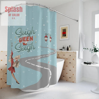 Festive Mahjong Christmas Shower Curtain with ’Sleigh Queen Sleigh’ Design 71’’ × 74’’ Home Decor