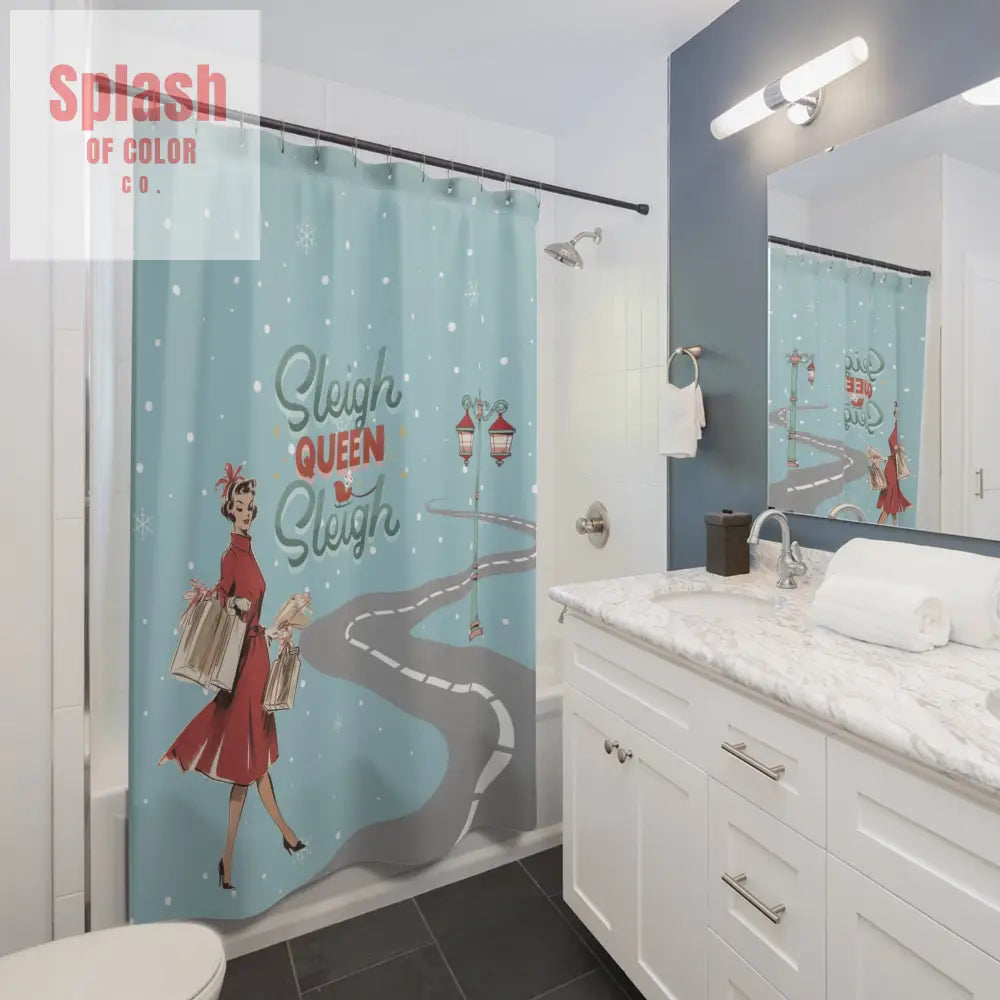 Festive Mahjong Christmas Shower Curtain with ’Sleigh Queen Sleigh’ Design 71’’ × 74’’ Home Decor