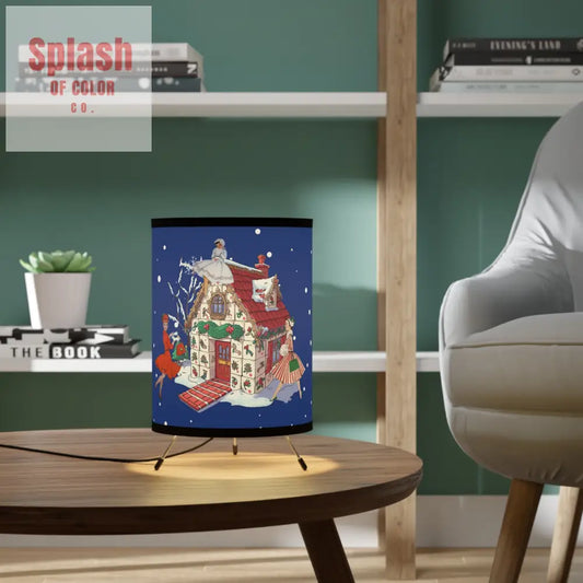 Festive Mahjong Christmas Tripod Lamp with Holiday Tile House Scene Shade Cozy Christmas Decor Vintage Christmas Touch