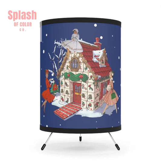 Festive Mahjong Christmas Tripod Lamp with Holiday Tile House Scene Shade Cozy Christmas Decor Vintage Christmas Touch