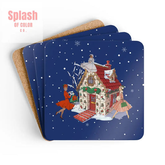 Festive Mahjong Christmas Vintage Gals Mahj Tile House Holiday Cork Coaster Set Cork / 3.75’’ × 3.75’’ / Square Home