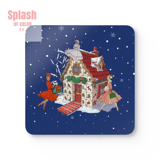 Festive Mahjong Christmas Vintage Gals Mahj Tile House Holiday Cork Coaster Set Cork / 3.75’’ × 3.75’’ / Square Home