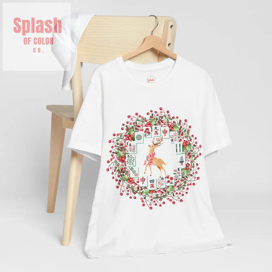 Festive Mahjong Tile Wreath Deer T Shirt | Christmas Tee Holiday Mahj Group Tee White / S T Shirt