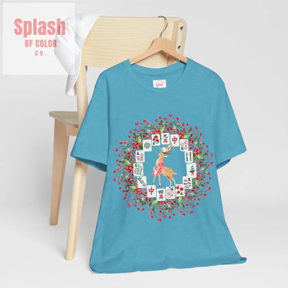 Festive Mahjong Tile Wreath Deer T Shirt | Christmas Tee Holiday Mahj Group Tee T Shirt