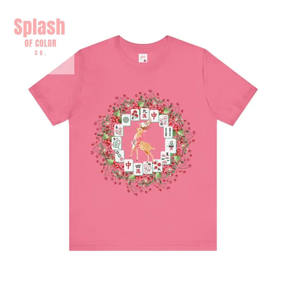 Festive Mahjong Tile Wreath Deer T-Shirt | Christmas Tee, Holiday Mahj Group Tee - Splash of Color co.