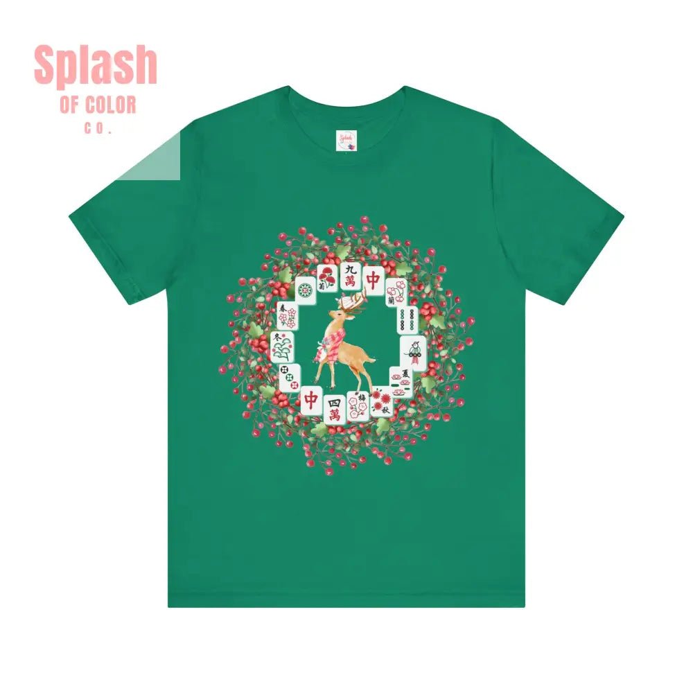 Festive Mahjong Tile Wreath Deer T-Shirt | Christmas Tee, Holiday Mahj Group Tee - Splash of Color co.