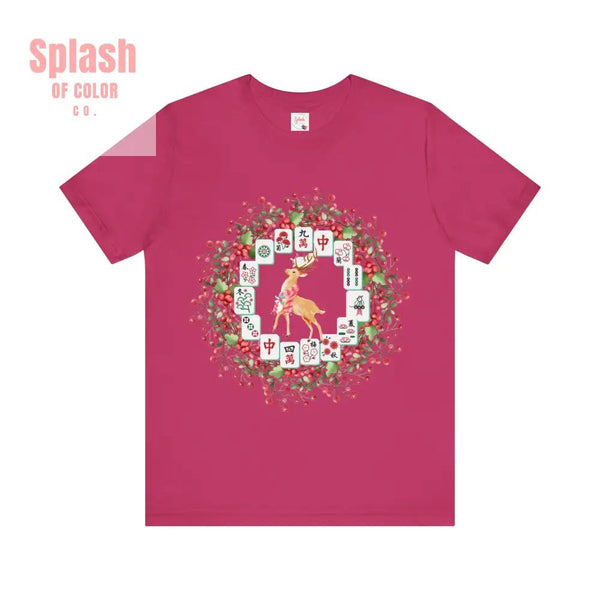 Festive Mahjong Tile Wreath Deer T-Shirt | Christmas Tee, Holiday Mahj Group Tee - Splash of Color co.