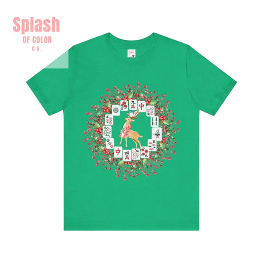 Festive Mahjong Tile Wreath Deer T Shirt | Christmas Tee Holiday Mahj Group Tee Heather Kelly / S T Shirt