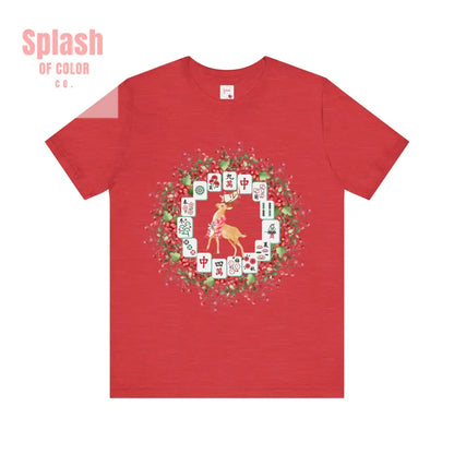Festive Mahjong Tile Wreath Deer T Shirt | Christmas Tee Holiday Mahj Group Tee Heather Red / S T Shirt