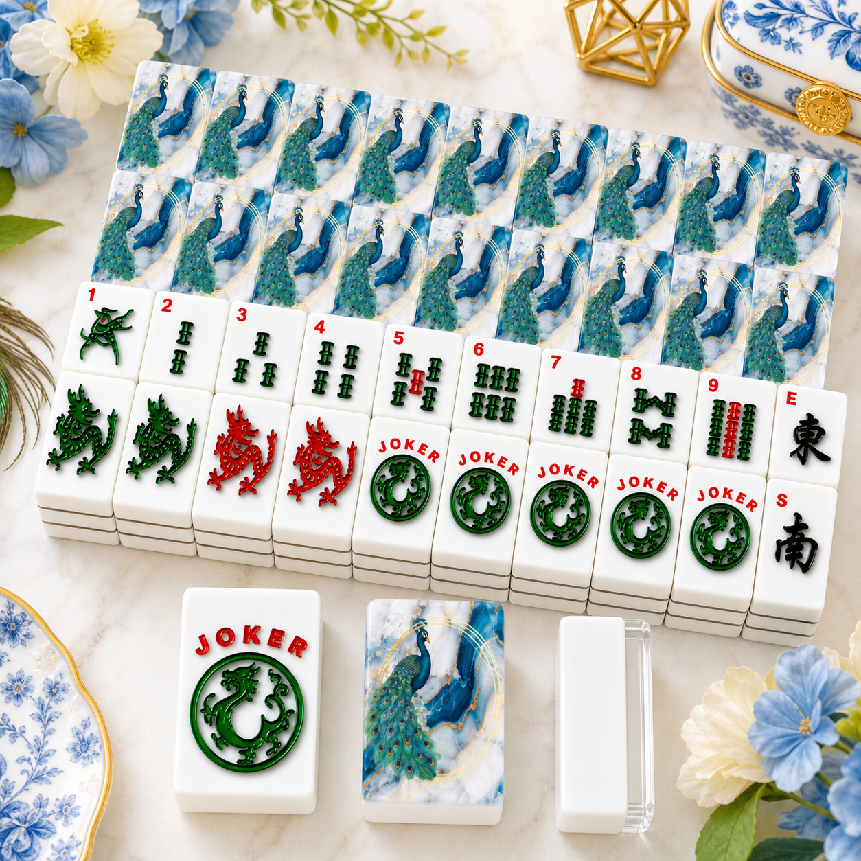 Peacock Blue Gold Gilded American Mahjong Tiles And Carry Case Bundle - Splash of Color Co.