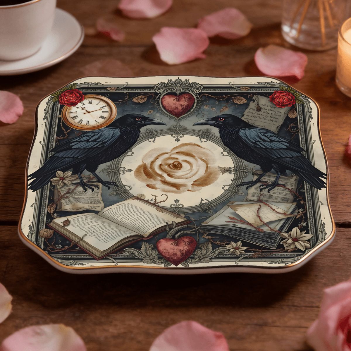 Edgar Allen Poe Raven Scalloped Ceramic Mahjong Dice Tray