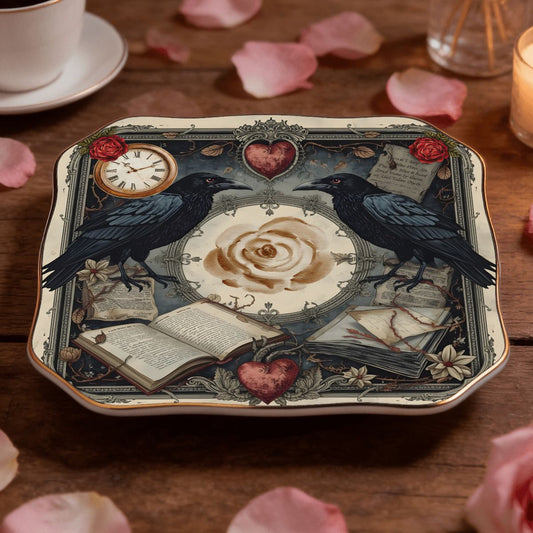 Edgar Allen Poe Raven Scalloped Ceramic Mahjong Dice Tray