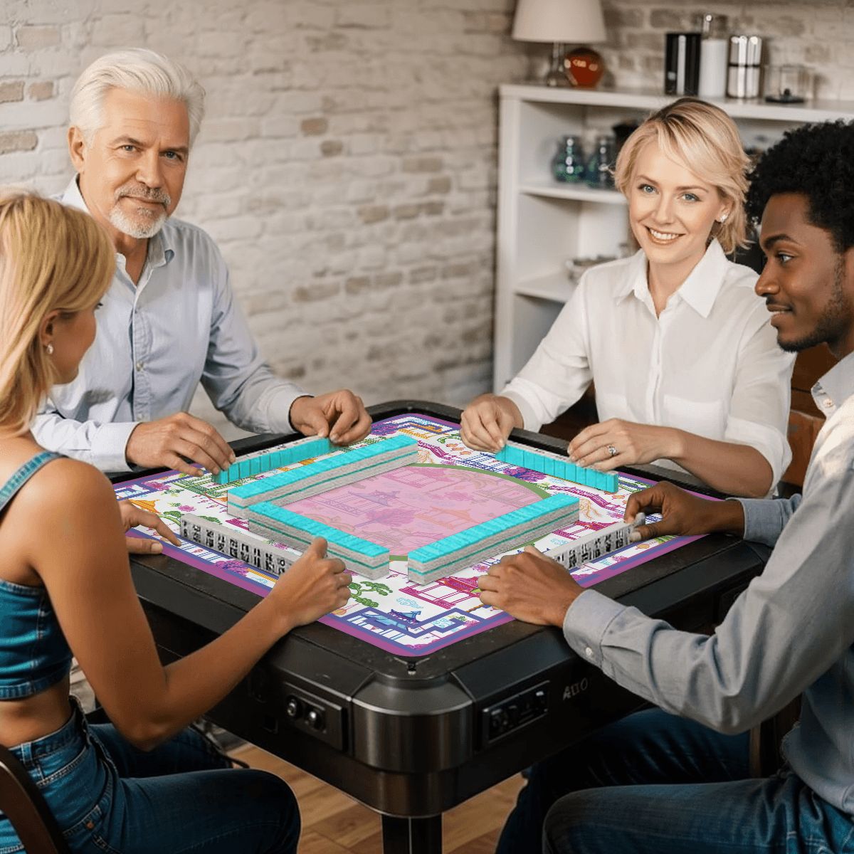 Asian Chinoiserie Gardens, Pagoda, Lantern Lavender And Blue Mahjong Mat - Splash of Color Co.