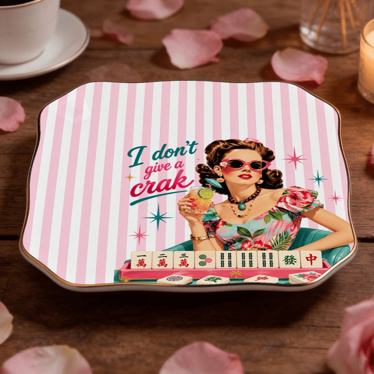 Funny Mahjong I Don't Give A Crak Dice, Trinket Scalloped Ceramic Mahjong Dice Tray