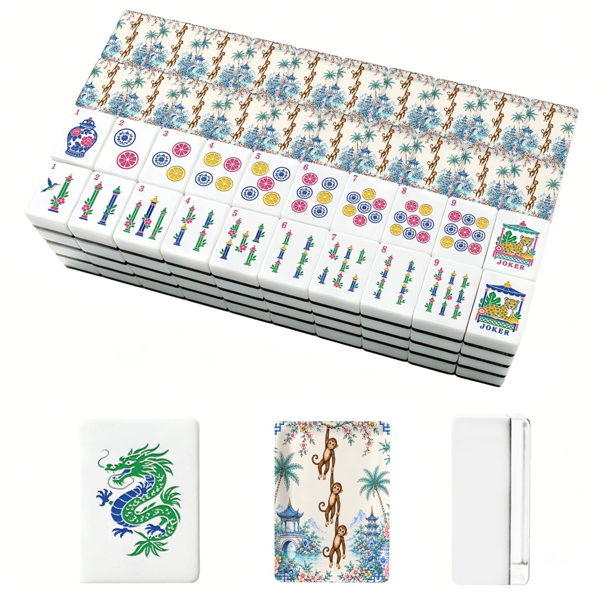 Monkey See Monkey Do, Pastel Chinoiserie American Mahjong Tiles And Carry Case