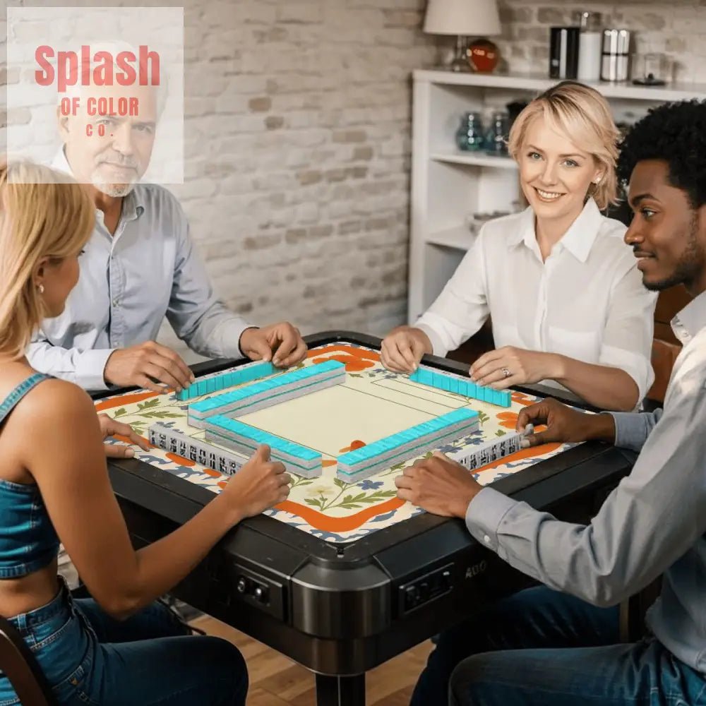 Floating Garden, Orange, Periwinkle Blue Floral Fish Mahjong Mat - Splash of Color co.