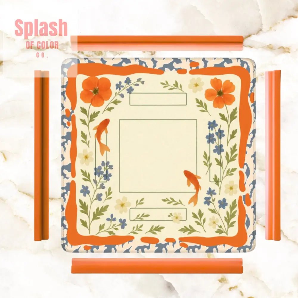 Floating Garden, Orange, Periwinkle Blue Floral Fish Mahjong Mat - Splash of Color co.