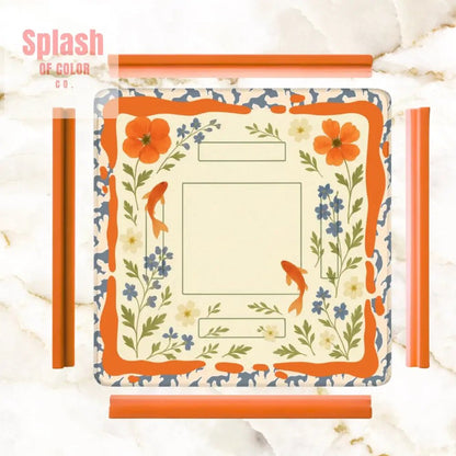 Floating Garden, Orange, Periwinkle Blue Floral Fish Mahjong Mat - Splash of Color co.
