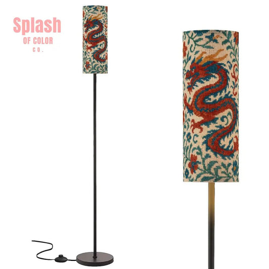 Asian Dragon Chinoiserie Faux Embroidered Modern Floor Lamp - Splash of Color co.