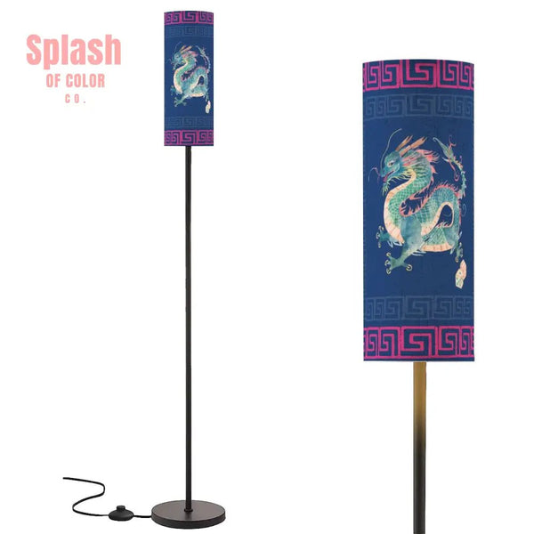 Chinese Dragon Watercolor, Royal Blue Pink Moder Chinoiserie Floor Lamp - Splash of Color co.