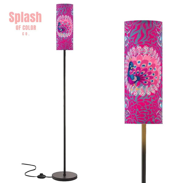 Whimsical Floral Peacock, Tortoise Pink Blue Magical Floor Lamp Modern - Splash of Color co.