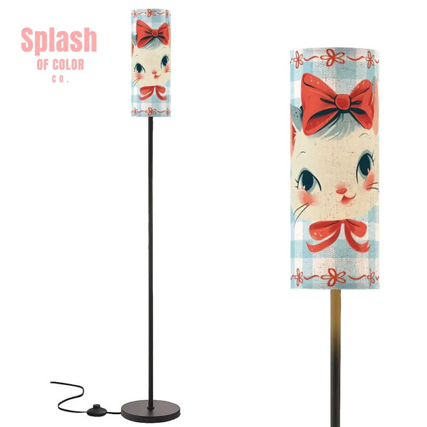 Vintage Kitty Country Cottage Blue White Gingham Check Modern Book Nook Floor Lamp - Splash of Color co.