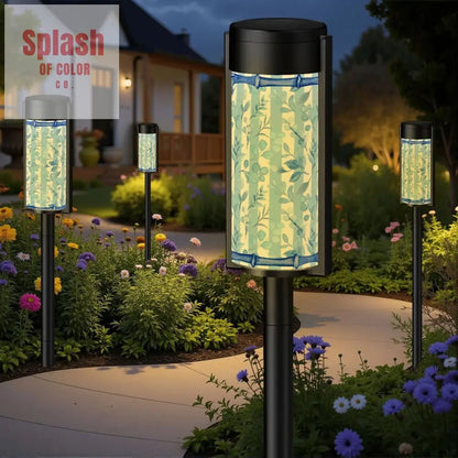 Floral Blue Asian Chinoiserie Zen Garden Outdoor Solar Lights 4pcs Garden Decor
