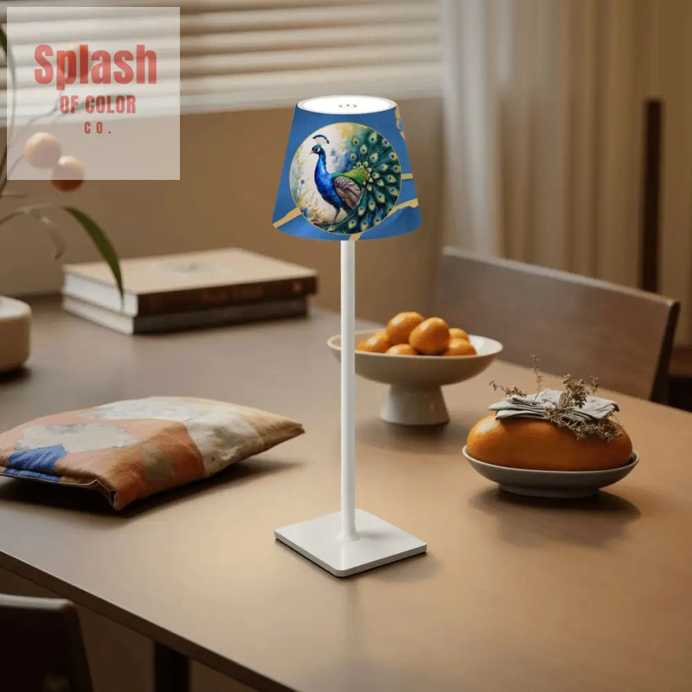 Floral Blue Marbled Peacock Gold Accents LED Cordless Table Lamp - 4.3’’x4.3’’x14.8’’ - Desk Lamps