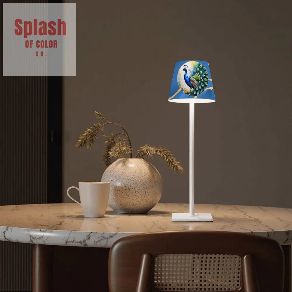 Floral Blue Marbled Peacock Gold Accents LED Cordless Table Lamp - 4.3’’x4.3’’x14.8’’ - Desk Lamps