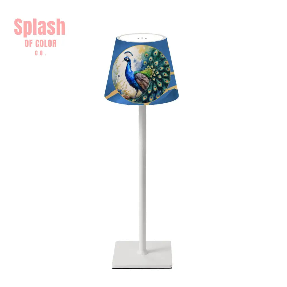 Floral Blue Marbled Peacock Gold Accents LED Cordless Table Lamp - 4.3’’x4.3’’x14.8’’ - Desk Lamps