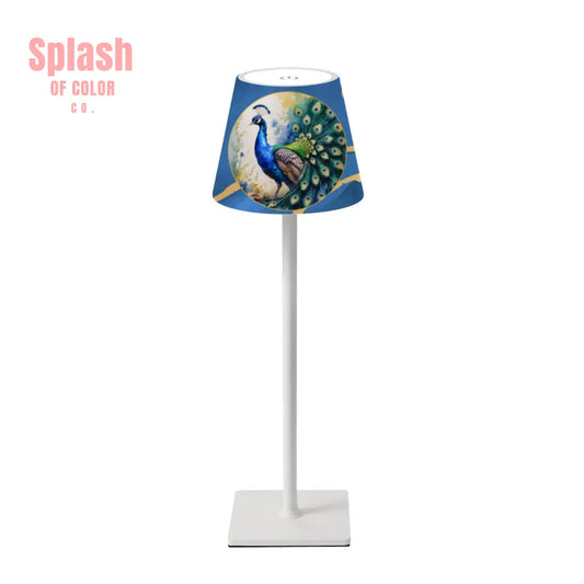 Floral Blue Marbled Peacock Gold Accents LED Cordless Table Lamp - 4.3’’x4.3’’x14.8’’ - Desk Lamps