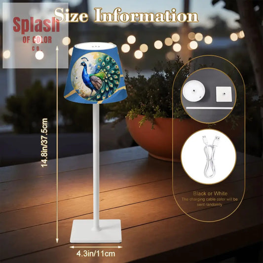 Floral Blue Marbled Peacock Gold Accents LED Cordless Table Lamp - 4.3’’x4.3’’x14.8’’ - Desk Lamps