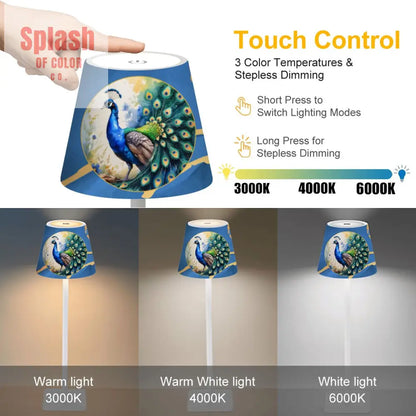 Floral Blue Marbled Peacock Gold Accents LED Cordless Table Lamp - 4.3’’x4.3’’x14.8’’ - Desk Lamps