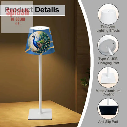 Floral Blue Marbled Peacock Gold Accents LED Cordless Table Lamp - 4.3’’x4.3’’x14.8’’ - Desk Lamps