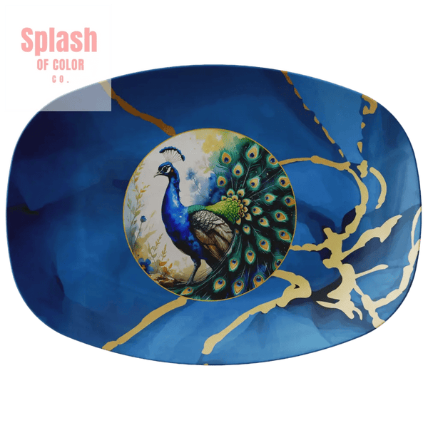 Floral Blue Peacock Marbled Watercolor With Gold Accents Hosting Platter - Splash of Color co.