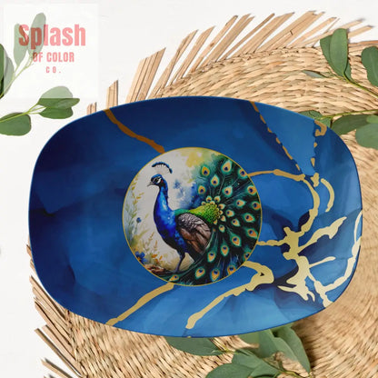 Floral Blue Peacock Marbled Watercolor With Gold Accents Hosting Platter - Kitchenware