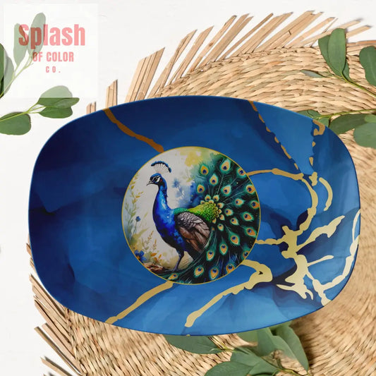 Floral Blue Peacock Marbled Watercolor With Gold Accents Hosting Platter - Kitchenware