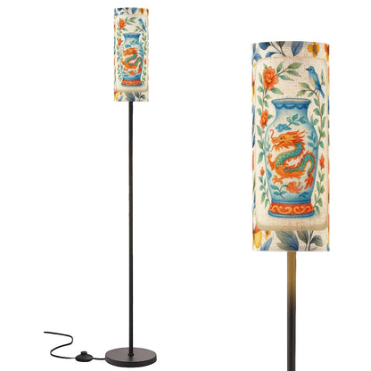 Floral Dragon Birds Orange Blue Yellow Asian Designed Corner Reading Floor Lamp - One Size - Floor Lamps