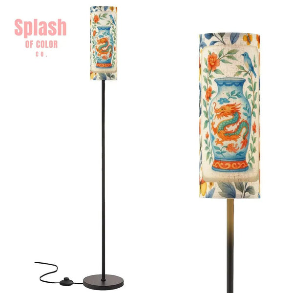 Floral Dragon Birds Orange Blue Yellow Asian Designed Corner Reading Floor Lamp - One Size - Floor Lamps