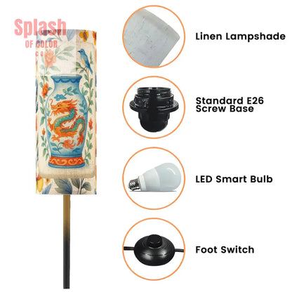 Floral Dragon Birds Orange Blue Yellow Asian Designed Corner Reading Floor Lamp - One Size - Floor Lamps