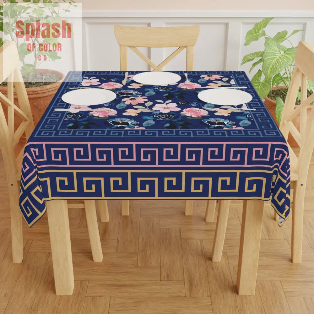Floral Heritage Garden Royal Blue Pink Yellow Tablecloth for Elegant Dining One size / White Home Decor
